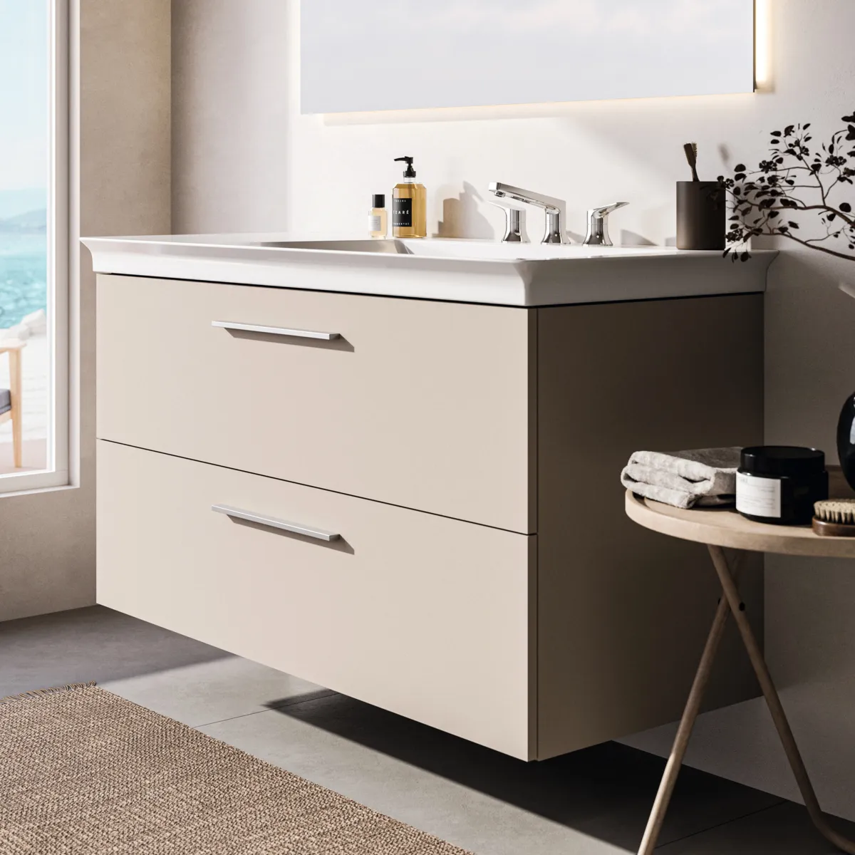 Möbelwaschtischunterschrank i.life B 2 Auszüge Siphonausschnitt auf der rechten Seite 1200x505x630mm Weiß matt Möbelwaschtischunterschrank i.life B 2 Auszüge Siphonausschnitt auf der rechten Seite 1200x505x630mm Weiß matt