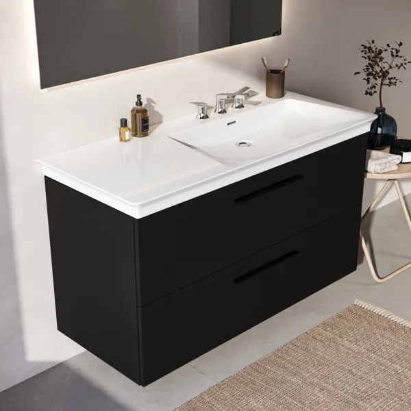 Möbelwaschtischunterschrank i.life B 2 Auszüge Siphonausschnitt auf der rechten Seite 1200x505x630mm Weiß matt Möbelwaschtischunterschrank i.life B 2 Auszüge Siphonausschnitt auf der rechten Seite 1200x505x630mm Weiß matt