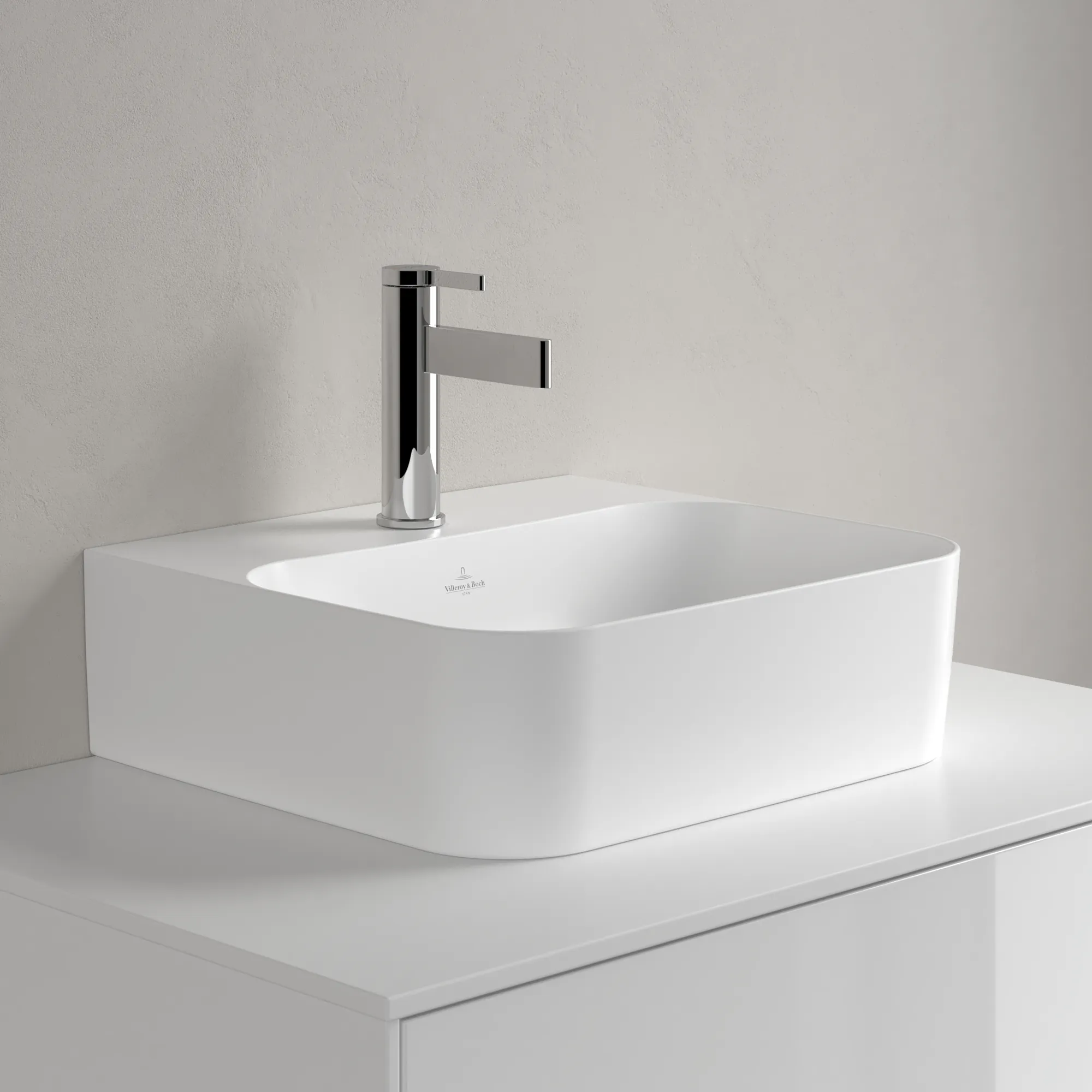 Villeroy & Boch Handwaschbecken aus TitanCeram geschliffen „Finion“ 430 × 390 × 140 mm, mit Hahnlochbohrung, Hahnlochposition mittig in Stone White, mit CeramicPlus Villeroy & Boch Handwaschbecken aus TitanCeram geschliffen „Finion“ 430 × 390 × 140 mm, mit Hahnlochbohrung, Hahnlochposition mittig in Stone White, mit CeramicPlus