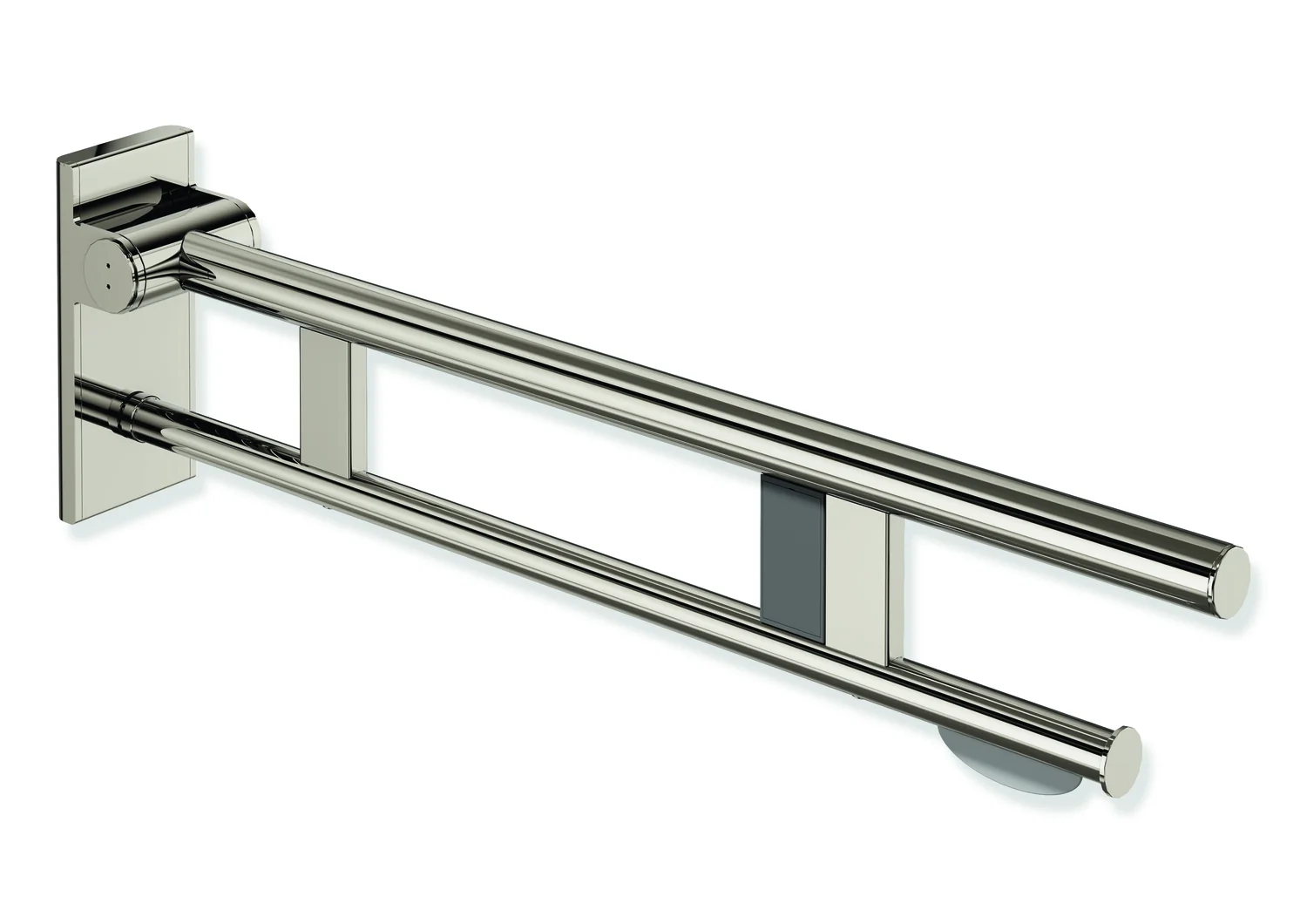 HEWI System 900 - Mobiler Stützklappgriff Duo, Design A, Edelstahl PVD nickelglänzend, Ausladung 750 mm, mit WC-Papierhalter und Funk-Spülauslösung,