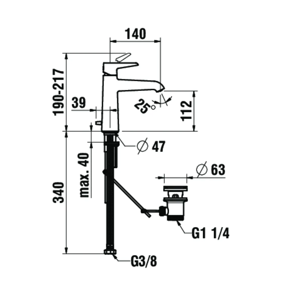 Einhebel-Waschtischmischer halbhohe Ausführung PURE Festauslauf Ausladung 140mm Höhe: 190 mm mit Ablaufventil chrom