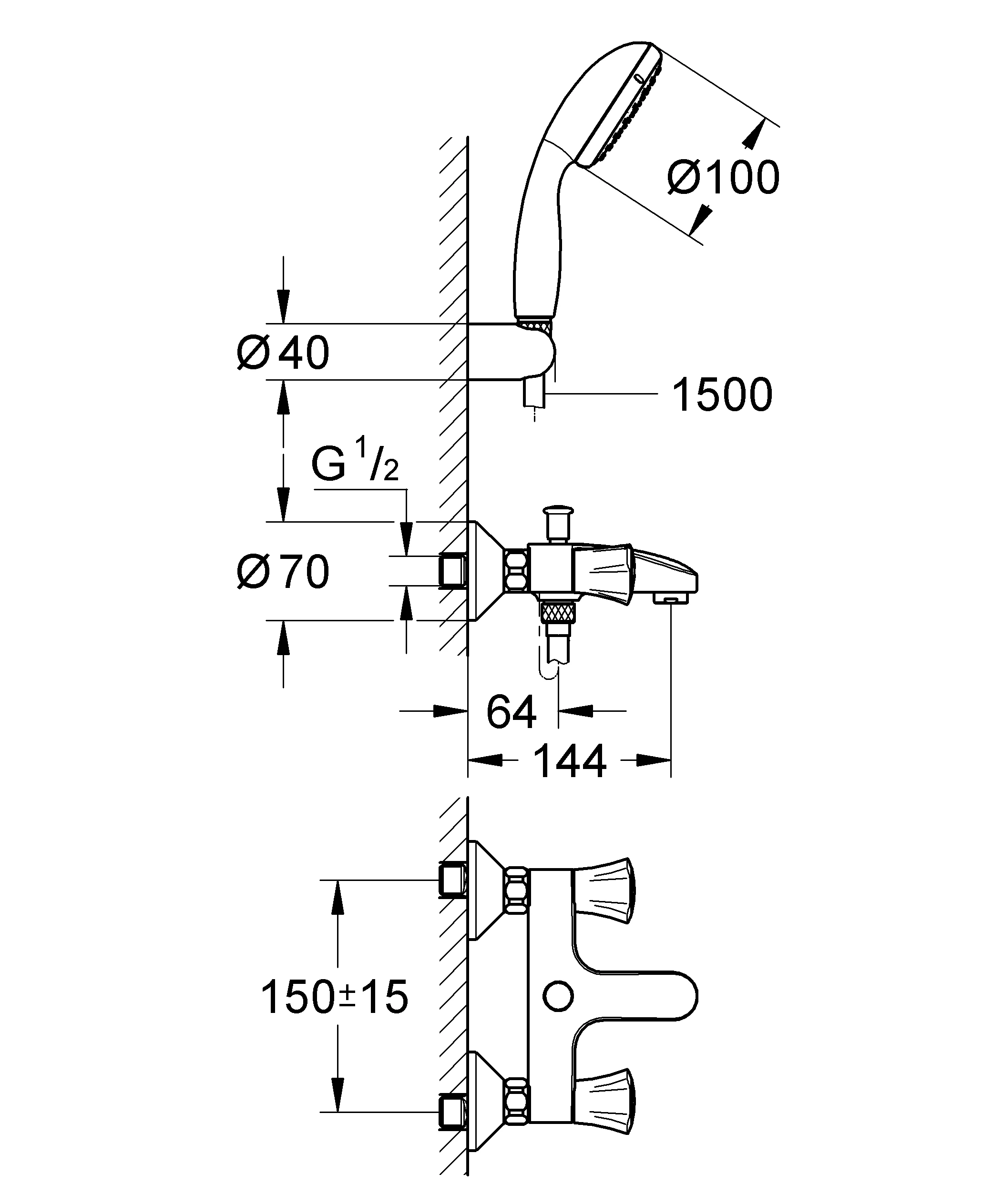 Wannenbatterie Costa 25460_1, Wandmontage, mit Brausegarnitur, eigensicher, chrom