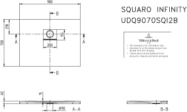 Villeroy & Boch rechteck Duschwanne „Squaro Infinity“ lange Seite geschnitten an der Wand 90 × 70 cm