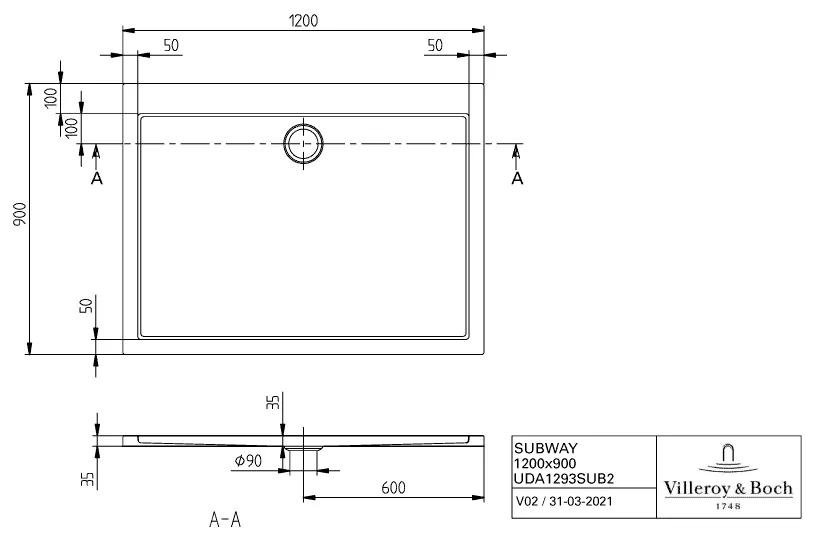 Villeroy & Boch rechteck Duschwanne „Subway“ 120 × 90 cm