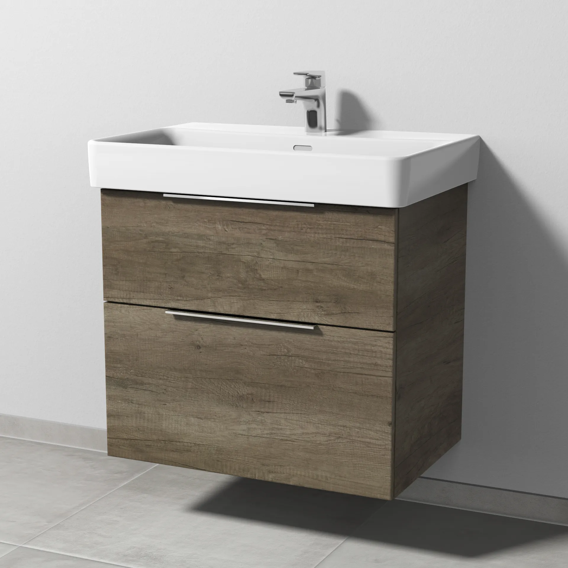 Sanipa Waschtischunterschrank „3way“ passend zu Keramik-Waschtische Pro S von Laufen 650 × 593 × 437 mm in Eiche Nebraska, Becken mittig