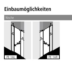 Kermi Duschtür Pendeltür 1-flügelig rechts mit Festfeldern für Nische und Ecke „PEGA“ Glas Klar, BV: 950 - 1000 mm GAK: 950 - 975 mm WE: 950 - 1000 mm H: 1850 mm