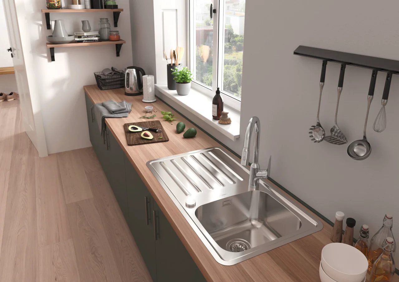Hansgrohe Spültischmischer Focus M42 mit Ausziehbrause 2jet in Chrom, 360° Schwenkbereich, ComfortZone 220, max. Durchfluss 8 l/min, Auszugslänge bis zu 50 cm