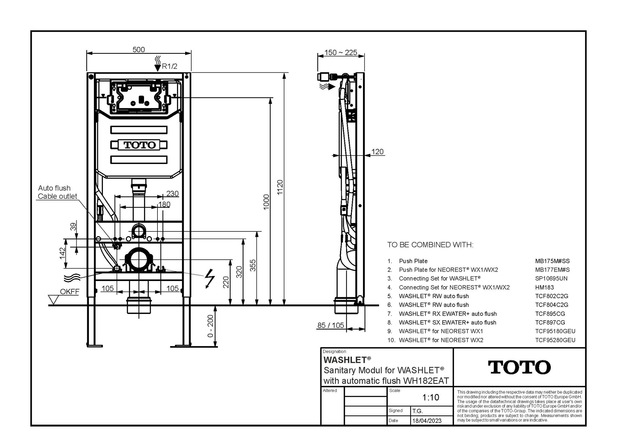 Toto Vorwand-/Einbauelement für Toilette für WASHLET mit automatischer Spülung und Verbindungskabel zum Washlet 1120 × 500 × 120 mm in