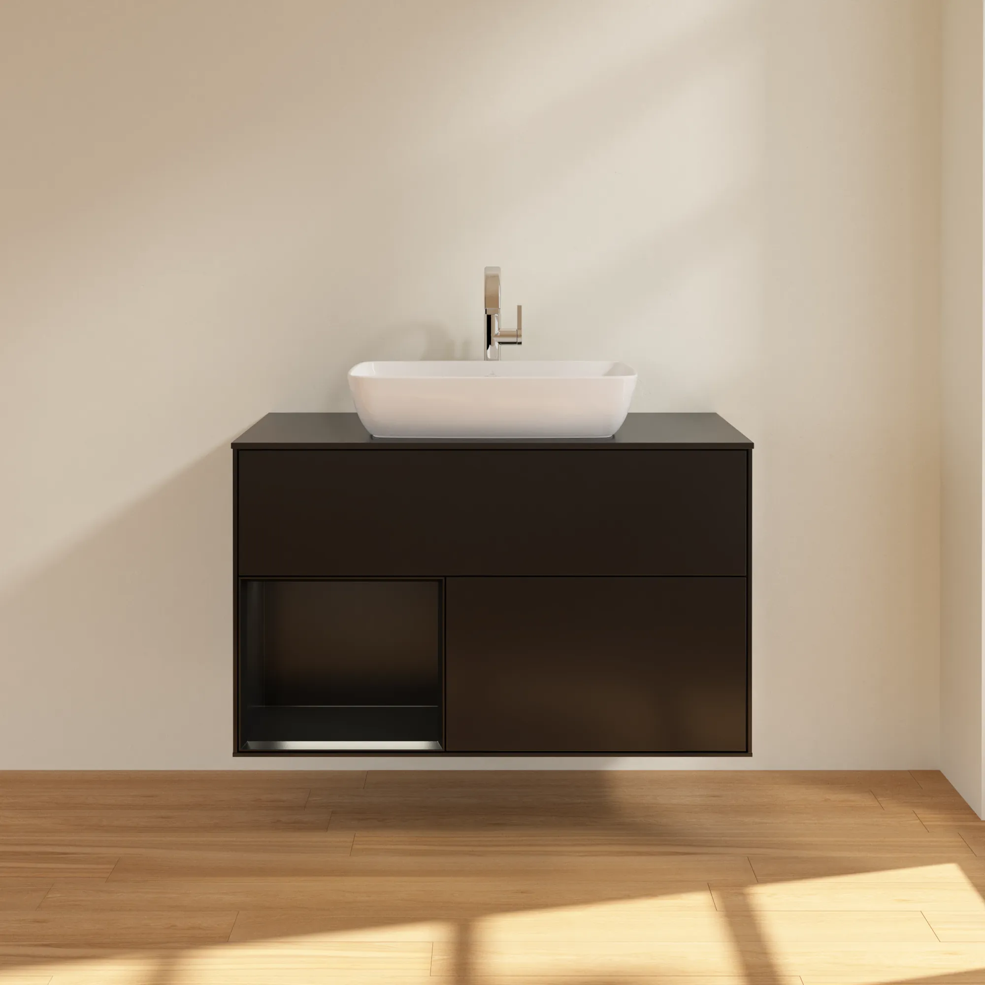 Villeroy & Boch Waschbeckenunterschrank Finion F77, 1000x603x501 mm, Black Matt Lacquer, mit Beleuchtung und SoftClosing Villeroy & Boch Waschbeckenunterschrank Finion F77, 1000x603x501 mm, Black Matt Lacquer, mit Beleuchtung und SoftClosing