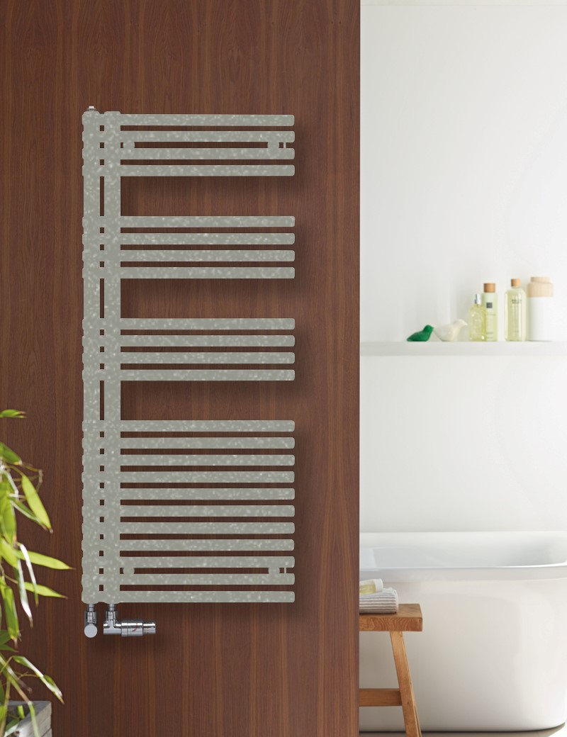 Zehnder Design-Heizkörper „Forma Asym“ für Warmwasser-Zentralheizung oder gemischten Betrieb mit 50 mm-Mittelanschluss 49,6 × 144,1 cm in Inox Look (glänzend)