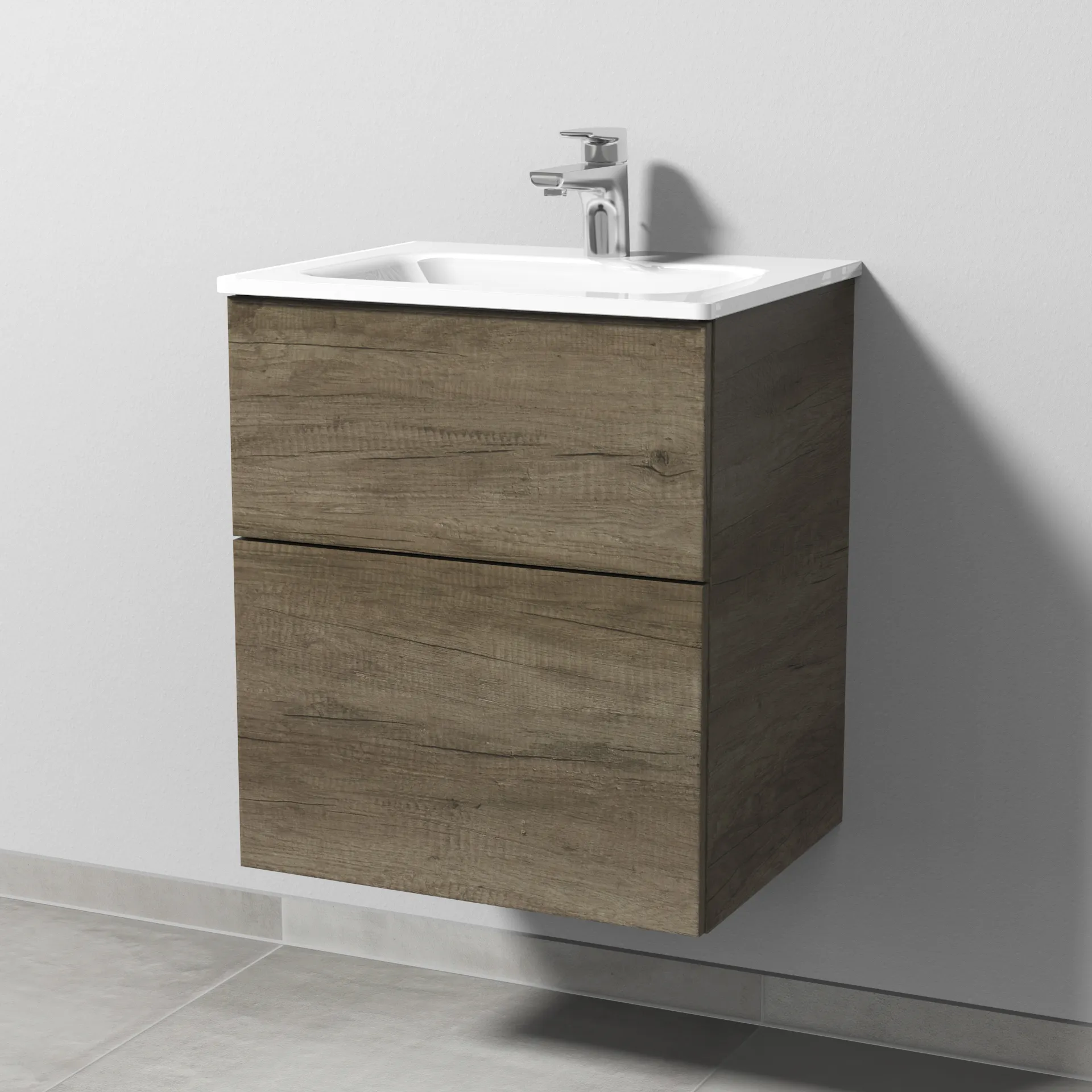 Glas-Waschtisch-Set mit Waschtischunterschrank „3way“ 50 × 40,7 × 58,2 cm in Eiche Nebraska, mit Hahnlochbohrung