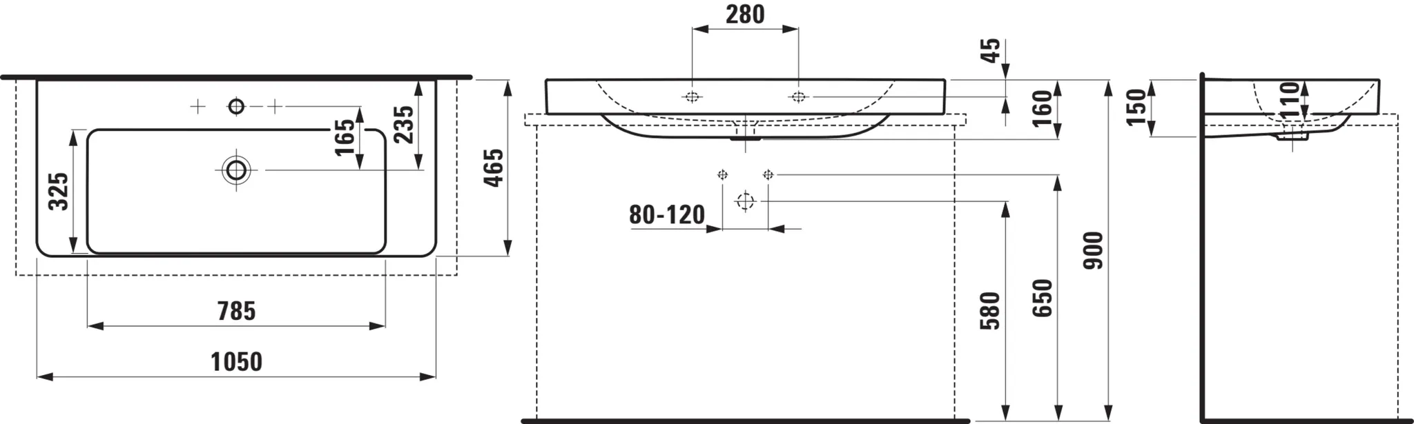 PRO X Aufsatz-Waschtisch 816869 1HL m. mÜL, 1050x465, weiß