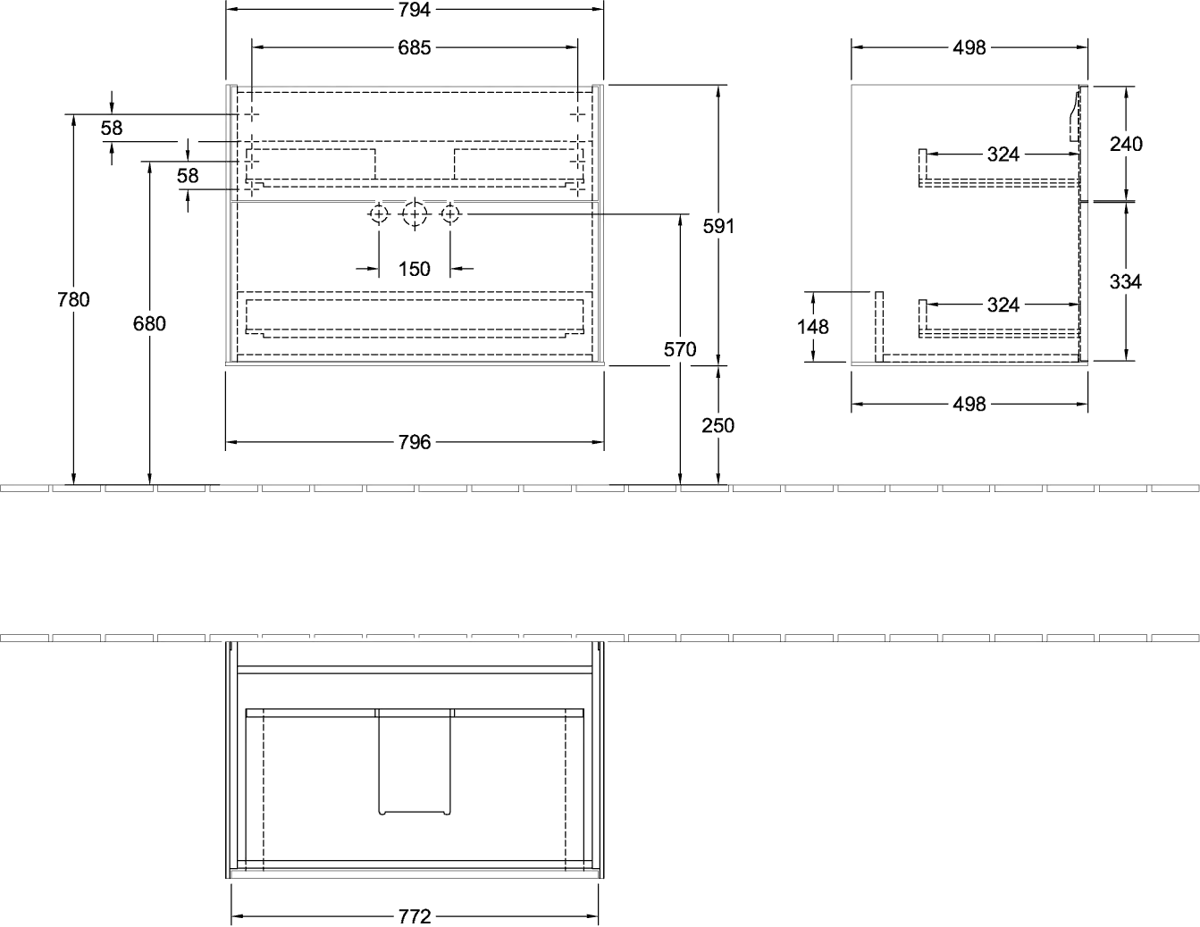 Villeroy & Boch Waschtischunterschrank „Finion“ für Schrankwaschtisch 79,6 × 59,1 × 49,8 cm 2 Schubladen, für Waschtischposition mittig mittig