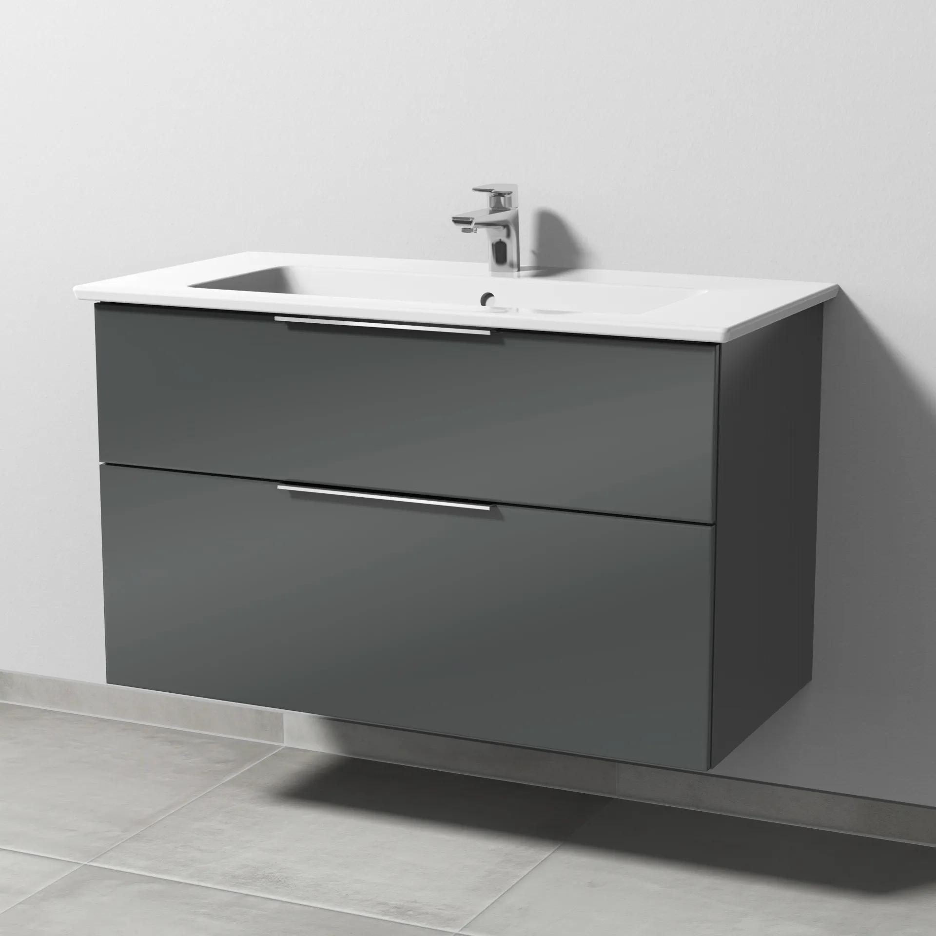Keramik-Waschtisch-Set mit Waschtischunterschrank „3way“ 95,5 × 47,7 × 59,1 cm in Anthrazit (glanz), mit Hahnlochbohrung, Becken mittig