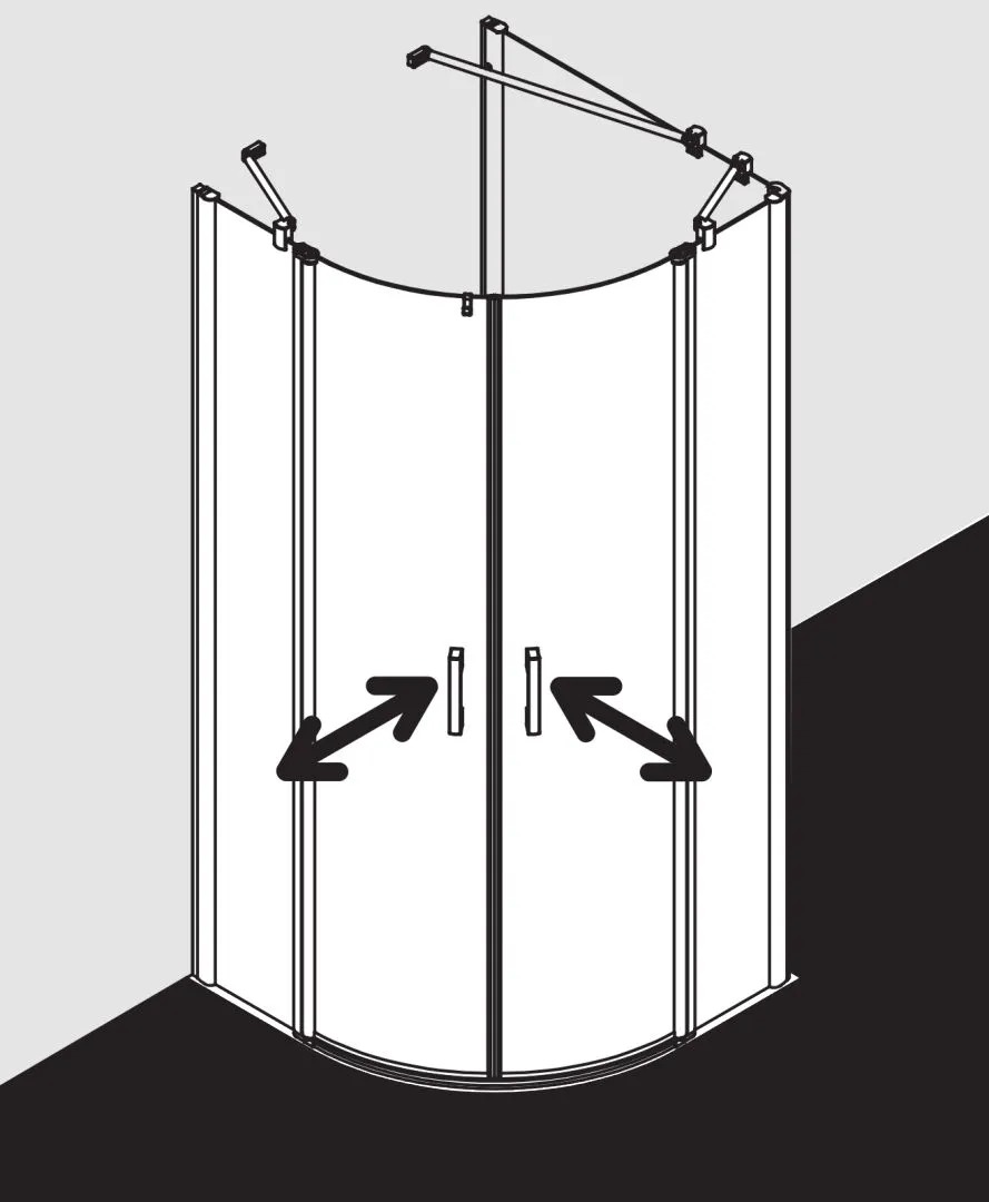 Kermi Duschdesign Viertelkreis-Duschkabine mit Pendeltüren mit Festfeldern „PEGA“ Glas Klar, Profile Silber Hochglanz, BV: 865 - 890 mm GAK: 850 - 875 mm WE: 875 - 900 mm H: 2000 mm Kermi Duschdesign Viertelkreis-Duschkabine mit Pendeltüren mit Festfeldern „PEGA“ Glas Klar, Profile Silber Hochglanz, BV: 865 - 890 mm GAK: 850 - 875 mm WE: 875 - 900 mm H: 2000 mm