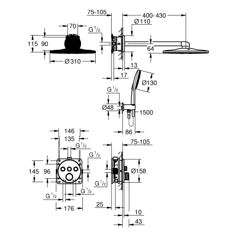 Grohe Unterputz-Armatur eckige Form „Grohtherm“ SmartControl Ausladung 400 mm in warm sunset Grohe Unterputz-Armatur eckige Form „Grohtherm“ SmartControl Ausladung 400 mm in warm sunset