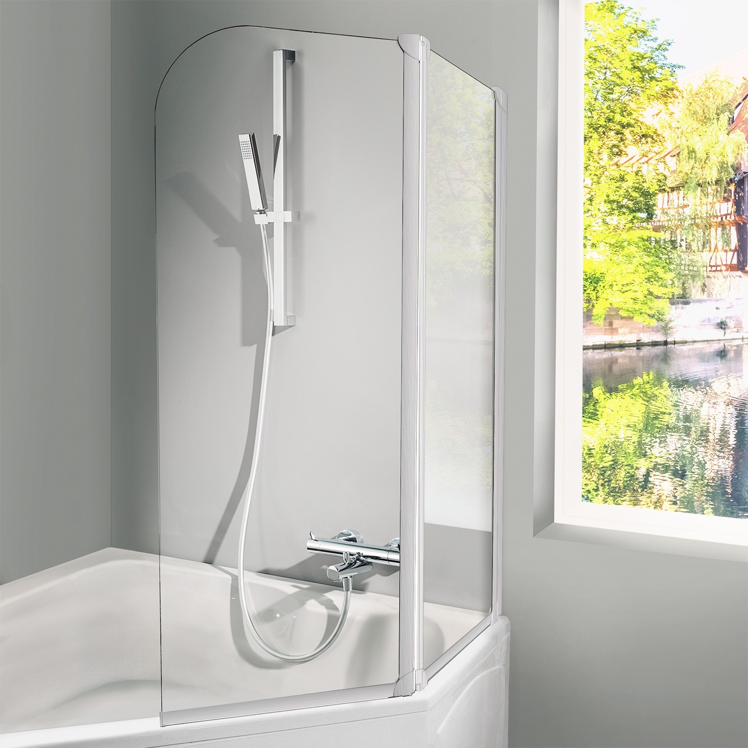 HSK gerahmte Badewannenaufsatz 3-teilig „Favorit“ Glas Chinchilla, Profile Manhattan, H: 1400 mm HSK gerahmte Badewannenaufsatz 3-teilig „Favorit“ Glas Chinchilla, Profile Manhattan, H: 1400 mm