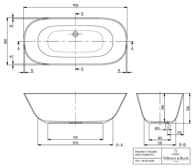 Villeroy & Boch Badewanne „Theano“ freistehend oval 175 × 80 cm, Mittelablauf