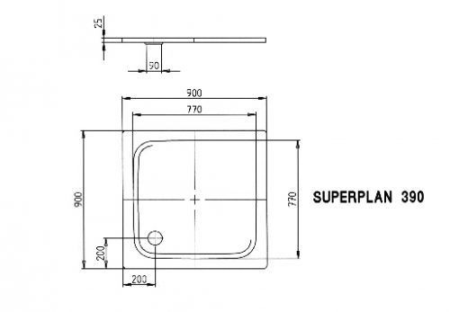 Duschwanne SUPERPLAN 390-2, 90 x 90 x 2,5 cm, Wannenträger und Ablauf