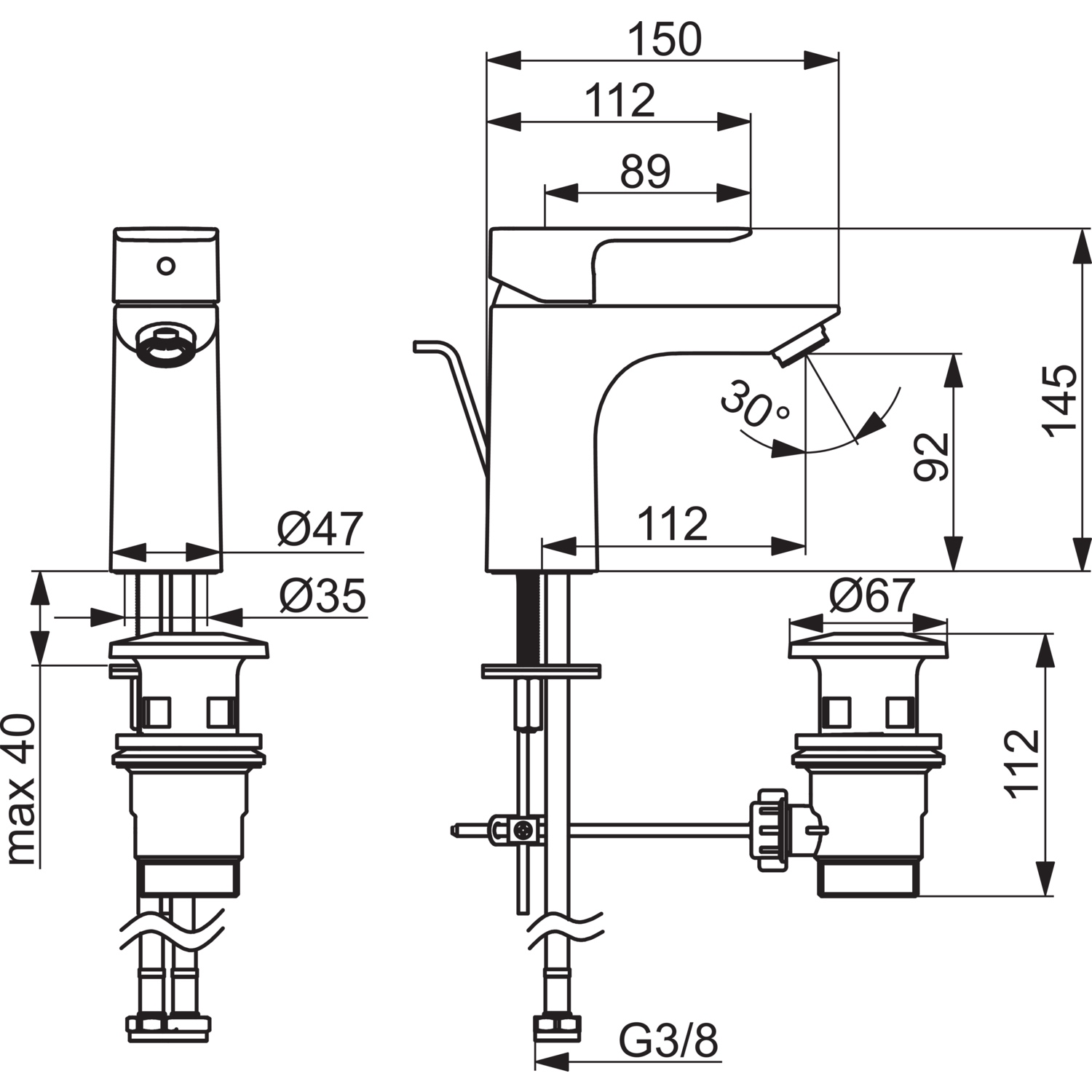 Einhand-Waschtischarmatur mit Zugstange „Basic XL“ Ausladung 112 mm in Chrom