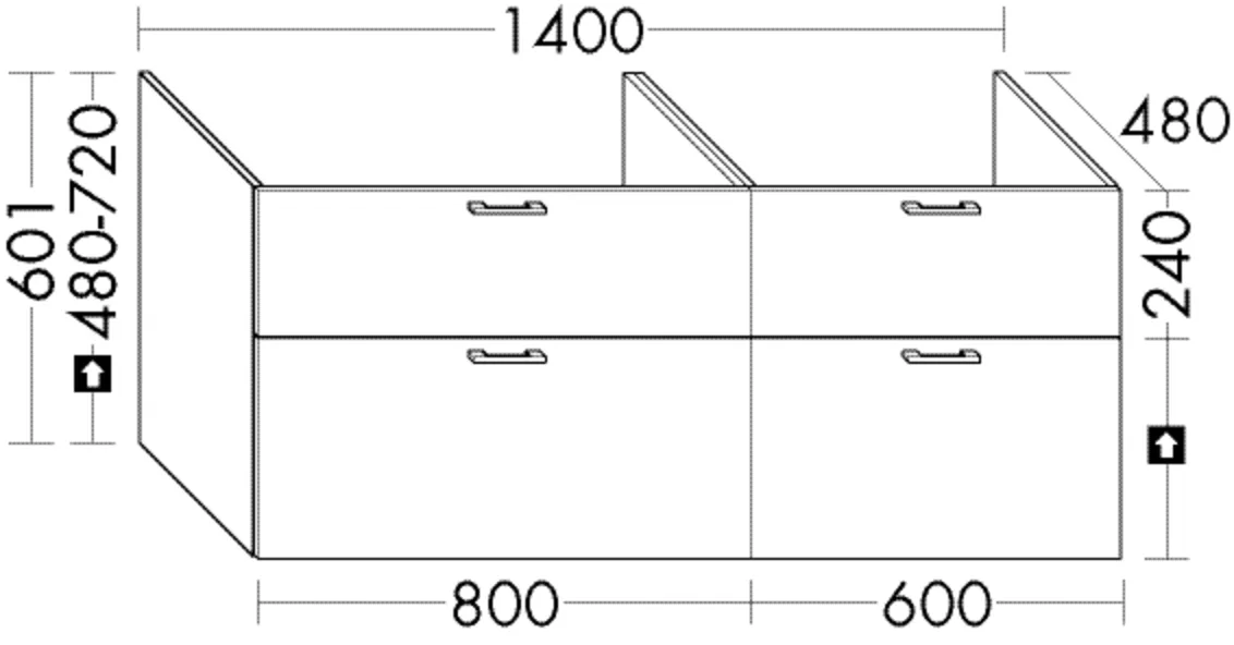 Waschtischunterschrank Sys30 von burgbad - 140 cm breit, 60,1 cm hoch, 48 cm tief, mit 1 Schublade oben (300 mm & 350 mm tief), 2 Auszügen unten (350 mm tief)
