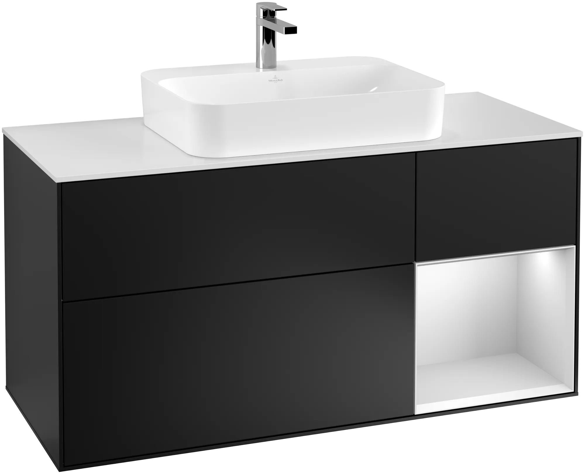 Villeroy & Boch Finion Waschbeckenunterschrank F42, 1200x603x501mm, Black Matt / White Matt / Glass White Matt