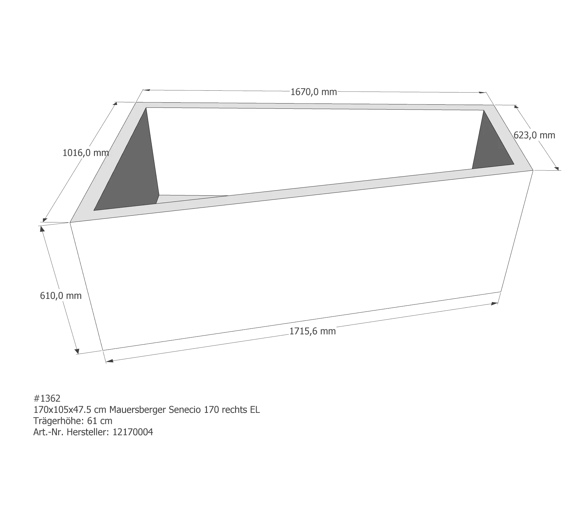 Badewannenträger passend für Mauersberger Senecio rechts 170 × 105 × 47,5 cm