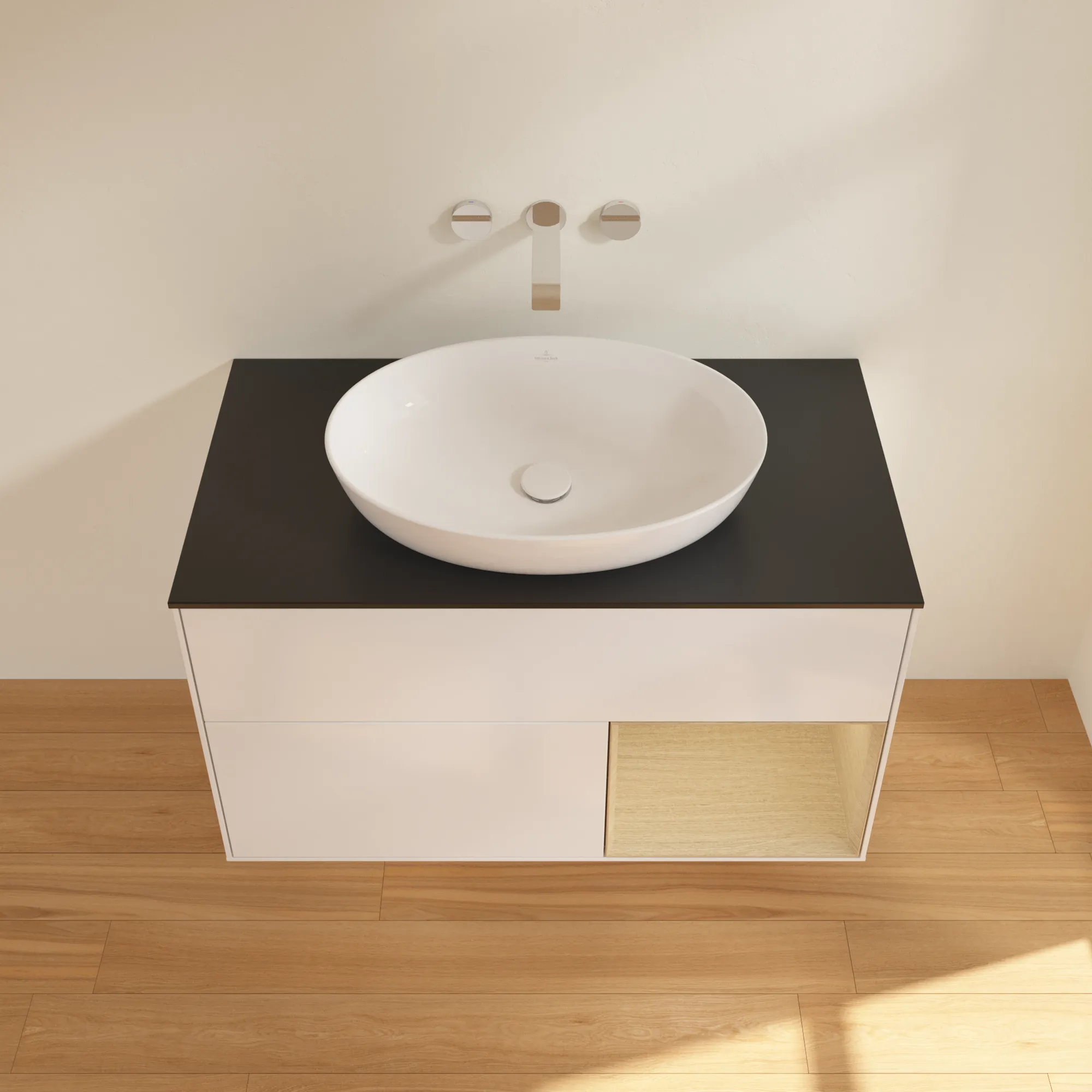 Villeroy & Boch Finion FA2 Waschbeckenunterschrank, 1000 x 603 x 501 mm, Glossy White Lacquer / Oak Veneer / Glass Black Matt Villeroy & Boch Finion FA2 Waschbeckenunterschrank, 1000 x 603 x 501 mm, Glossy White Lacquer / Oak Veneer / Glass Black Matt