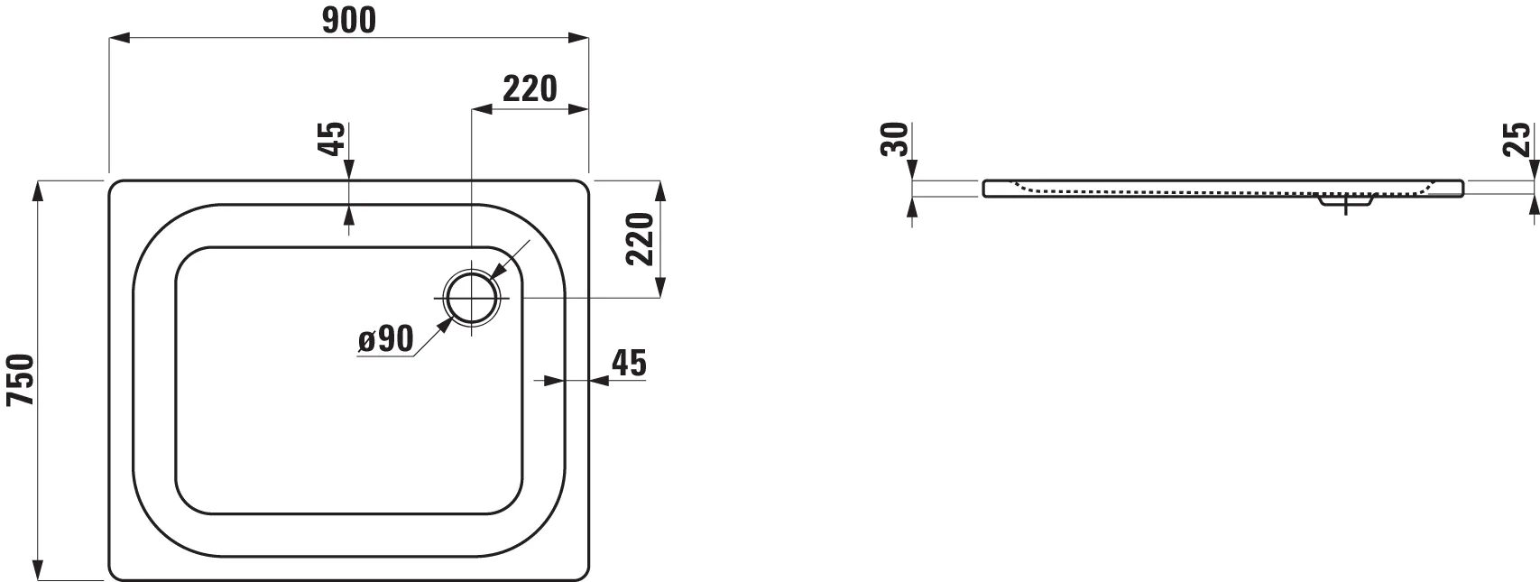 Laufen Duschwanne „PLATINA“ 900 × 750 mm mit Antislip, in Weiß
