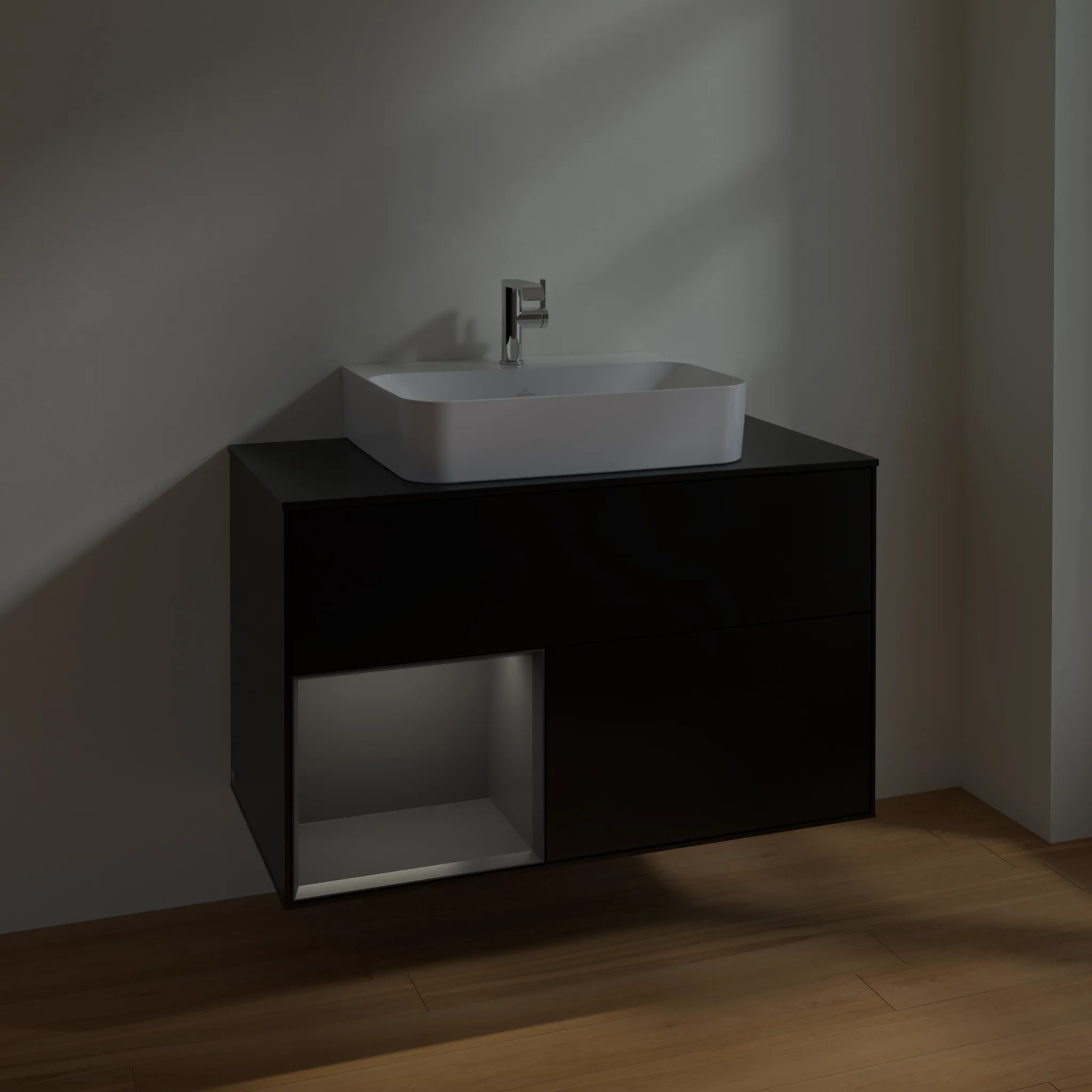 Villeroy & Boch Waschbeckenunterschrank Finion F11, 1000x603x501 mm, Black Matt Lacquer mit Gold Akzenten, mit Beleuchtung und Push-to-open Funktion Villeroy & Boch Waschbeckenunterschrank Finion F11, 1000x603x501 mm, Black Matt Lacquer mit Gold Akzenten, mit Beleuchtung und Push-to-open Funktion