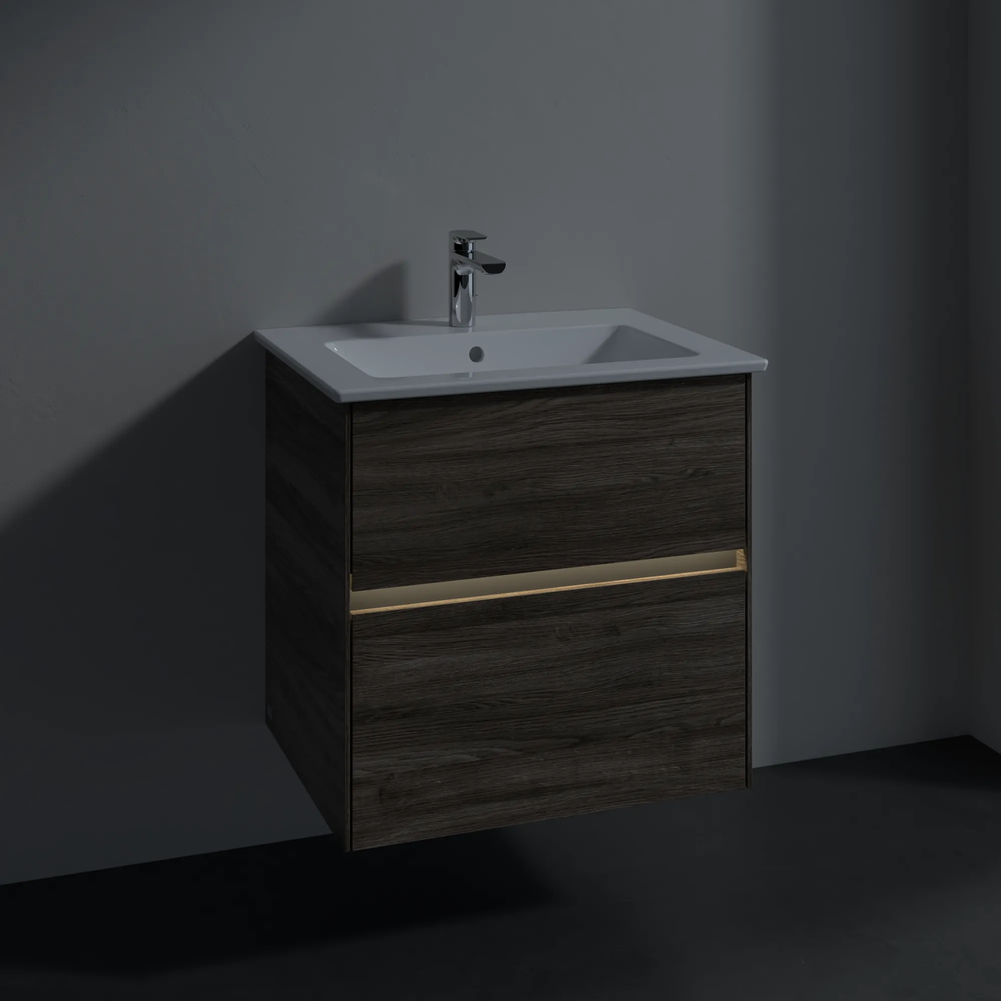 Villeroy & Boch Waschtischunterschrank „Collaro“ 611 × 610 × 480 mm Stone Oak, mit Beleuchtung, für Becken mittig