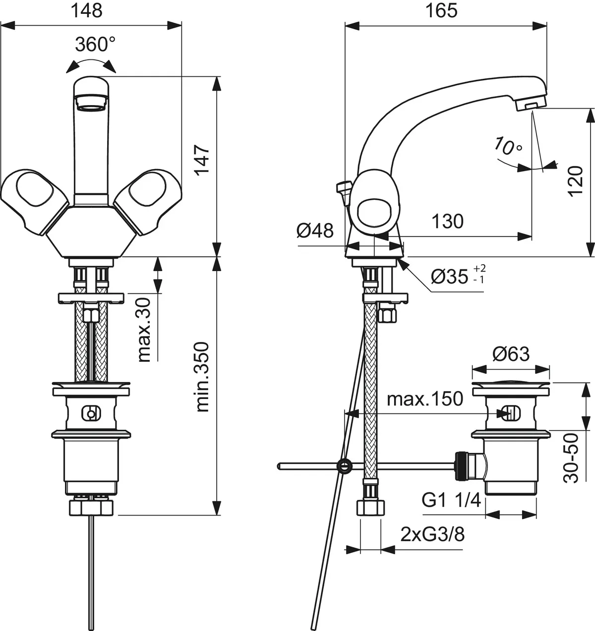 Zweigriff-Waschtischarmatur Alpha, mit Ablaufgarnitur, Ausladung 120mm, Auslaufhöhe 120mm, Chrom Zweigriff-Waschtischarmatur Alpha, mit Ablaufgarnitur, Ausladung 120mm, Auslaufhöhe 120mm, Chrom