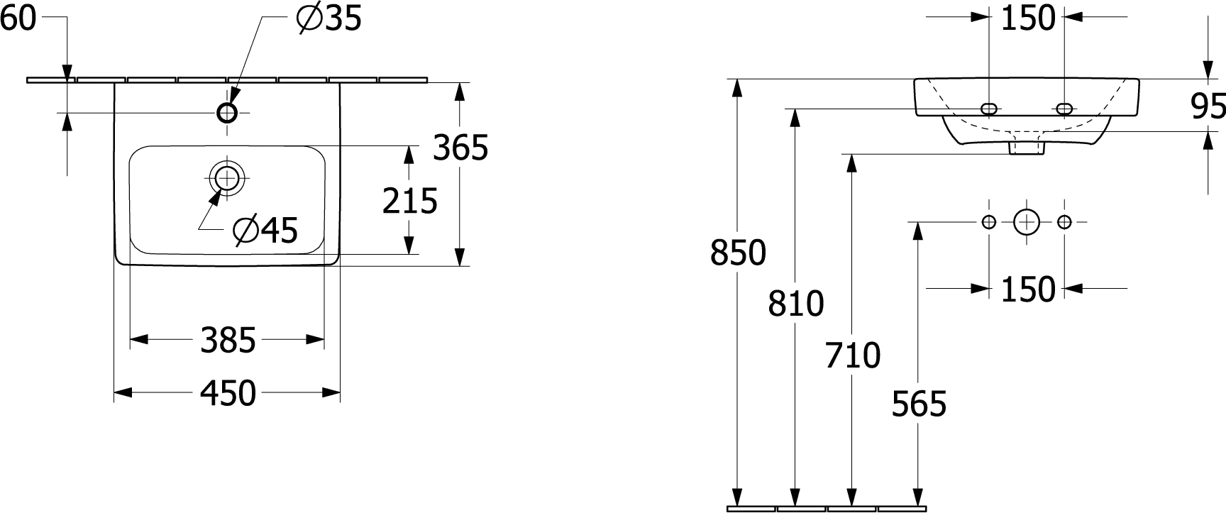 Villeroy & Boch Waschbecken „Architectura“ 450 × 365 × 150 mm, ohne Hahnlochbohrung, für Becken mittig in Weiß Alpin Villeroy & Boch Waschbecken „Architectura“ 450 × 365 × 150 mm, ohne Hahnlochbohrung, für Becken mittig in Weiß Alpin