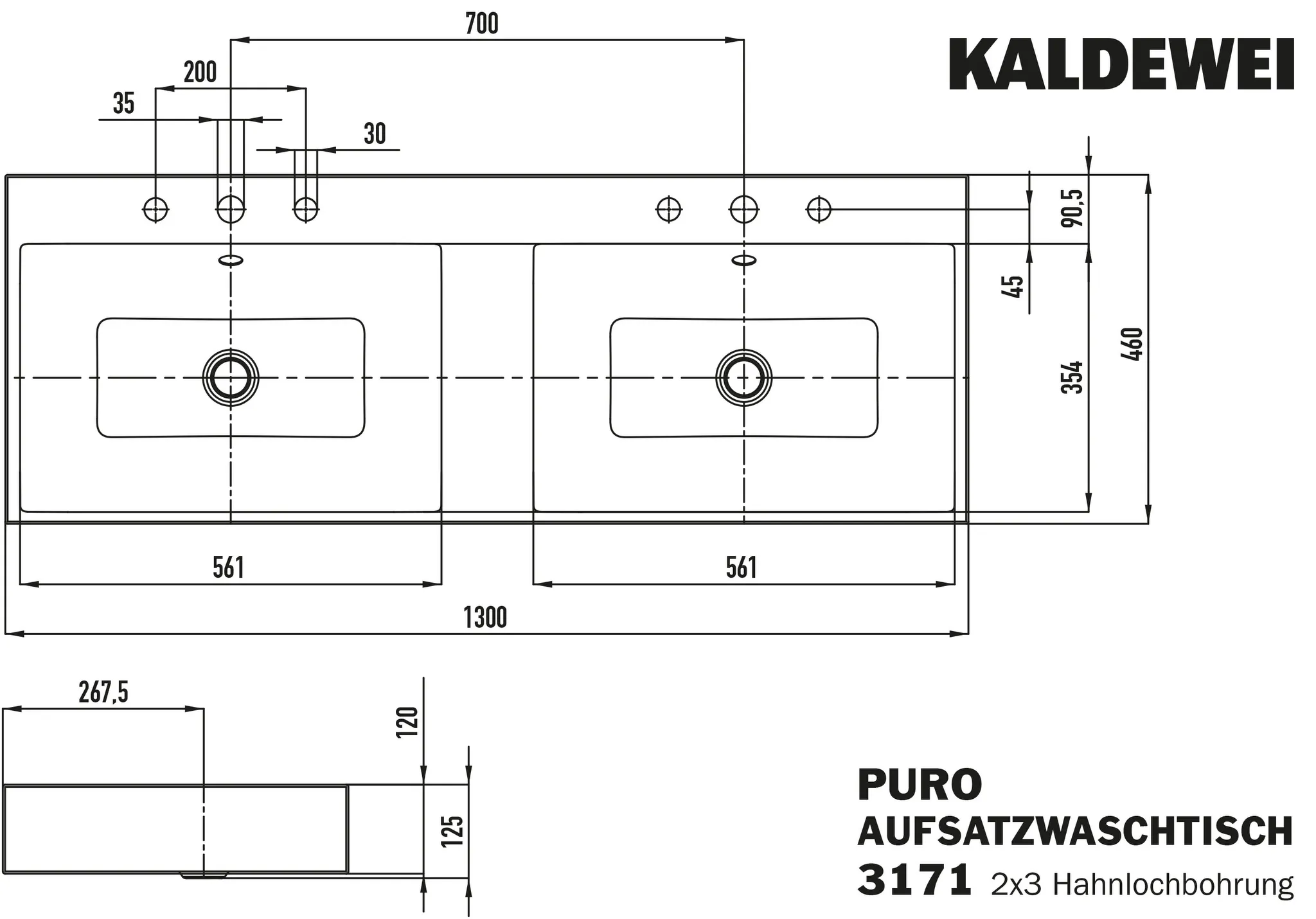 Doppelwaschtisch „Puro“ 130 × 46 cm in alpinweiß, mit Perl-Effekt Doppelwaschtisch „Puro“ 130 × 46 cm in alpinweiß, mit Perl-Effekt