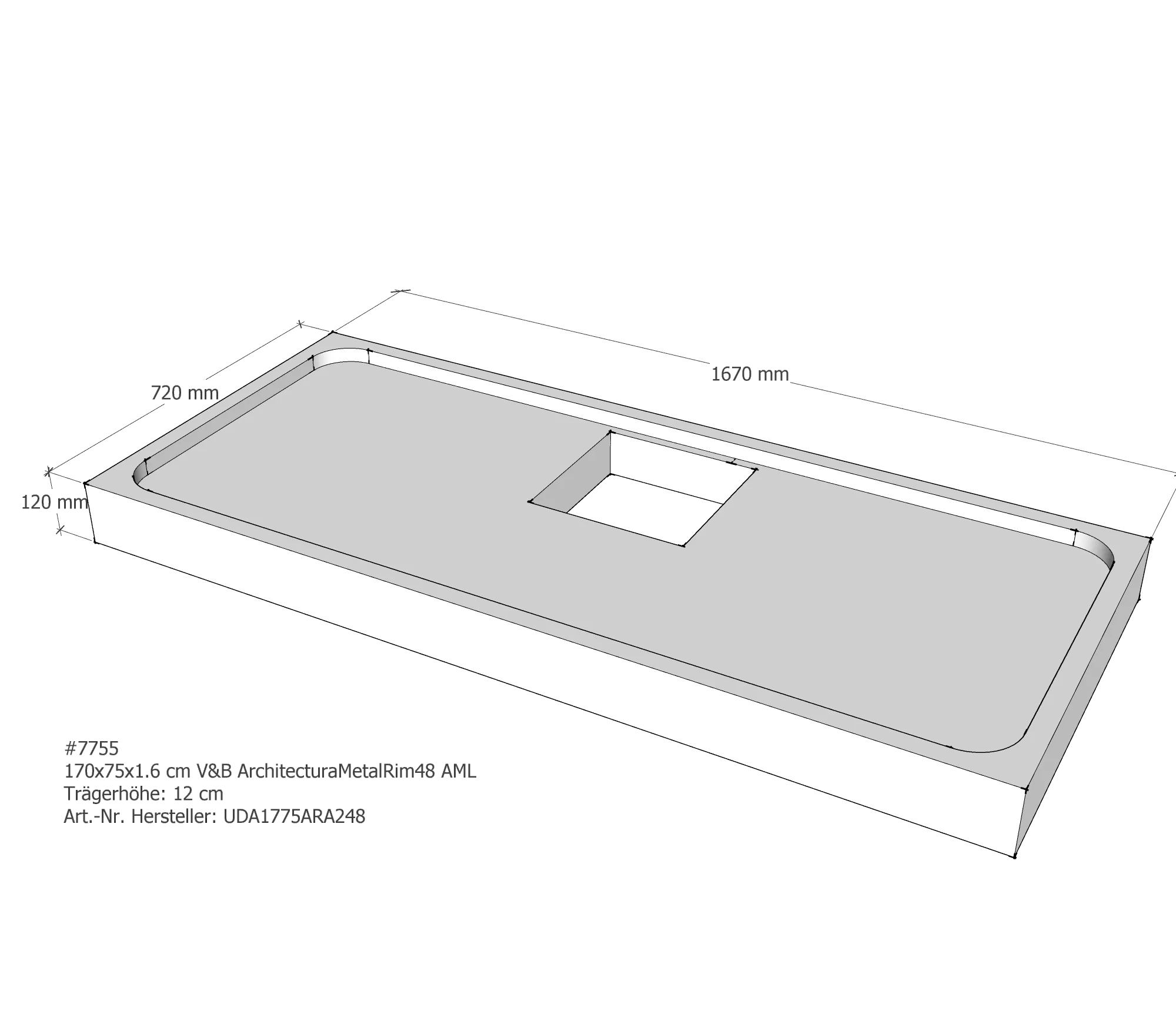 Duschwannenträger für Villeroy & Boch Architectura MetalRim 170 × 75 × 1,6 cm Breite: 75 cm / Länge: 170 cm