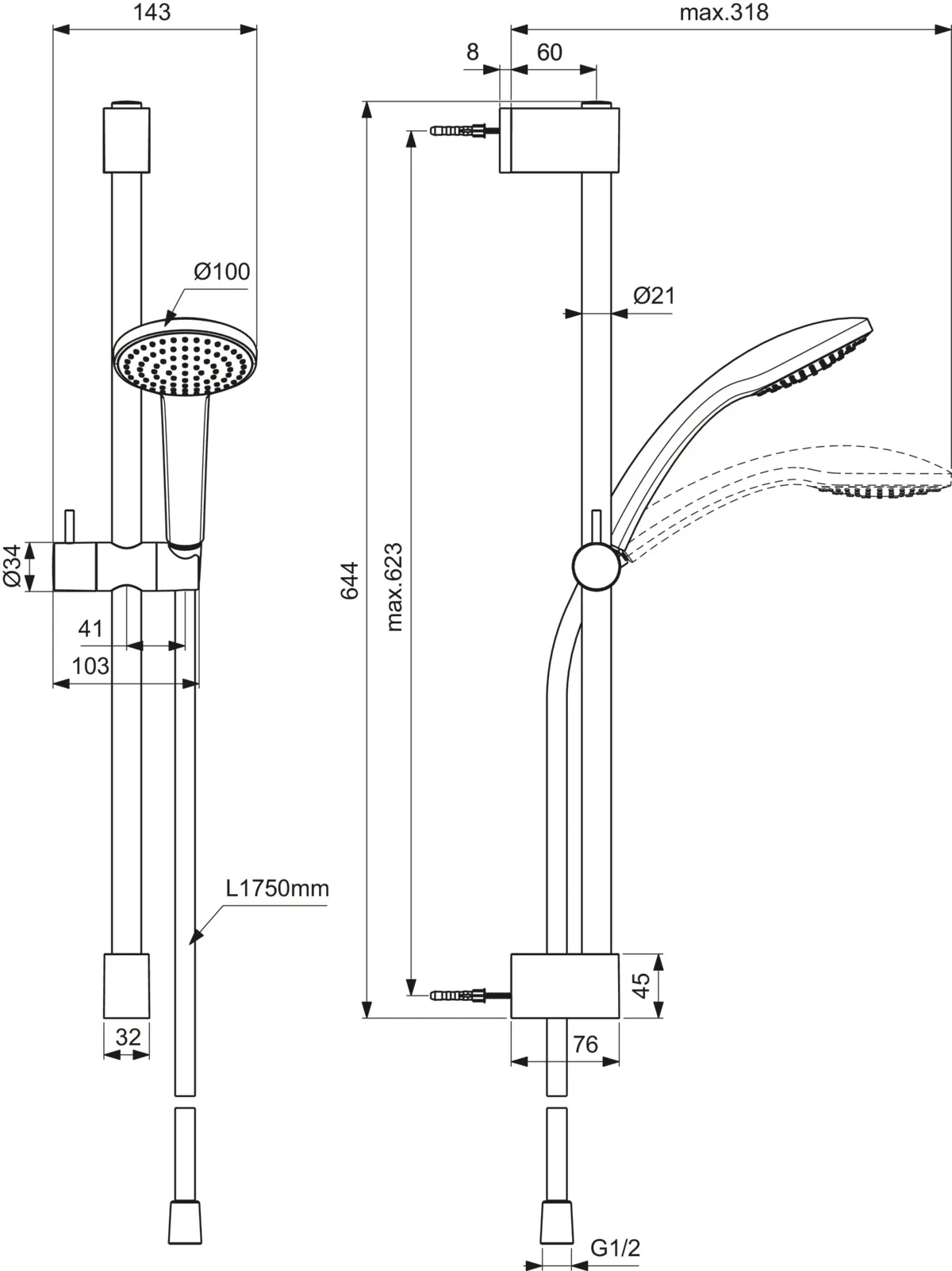 Gleitstangekombination „Idealrain“, Befestigung verdeckt Gleitstangekombination „Idealrain“, Befestigung verdeckt