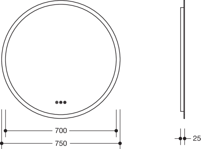 LED Lichtspiegel, Floatglas, rund, Durchmesser 750 mm, umlaufend mit LED-Hinterleuchtung