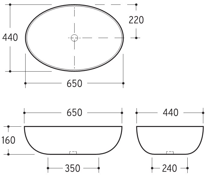 Aufsatzwaschtisch AqvaCeramica - 650 × 440 mm - Höhe 160 mm - ohne Überlauf - weiß