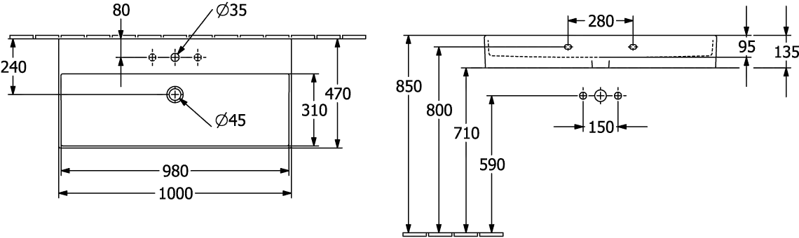 Waschbecken Memento 2.0 4A22A6, 1000 x 470 mm, Rechteck, mit Überlauf, ungeschliffen, Weiß Alpin