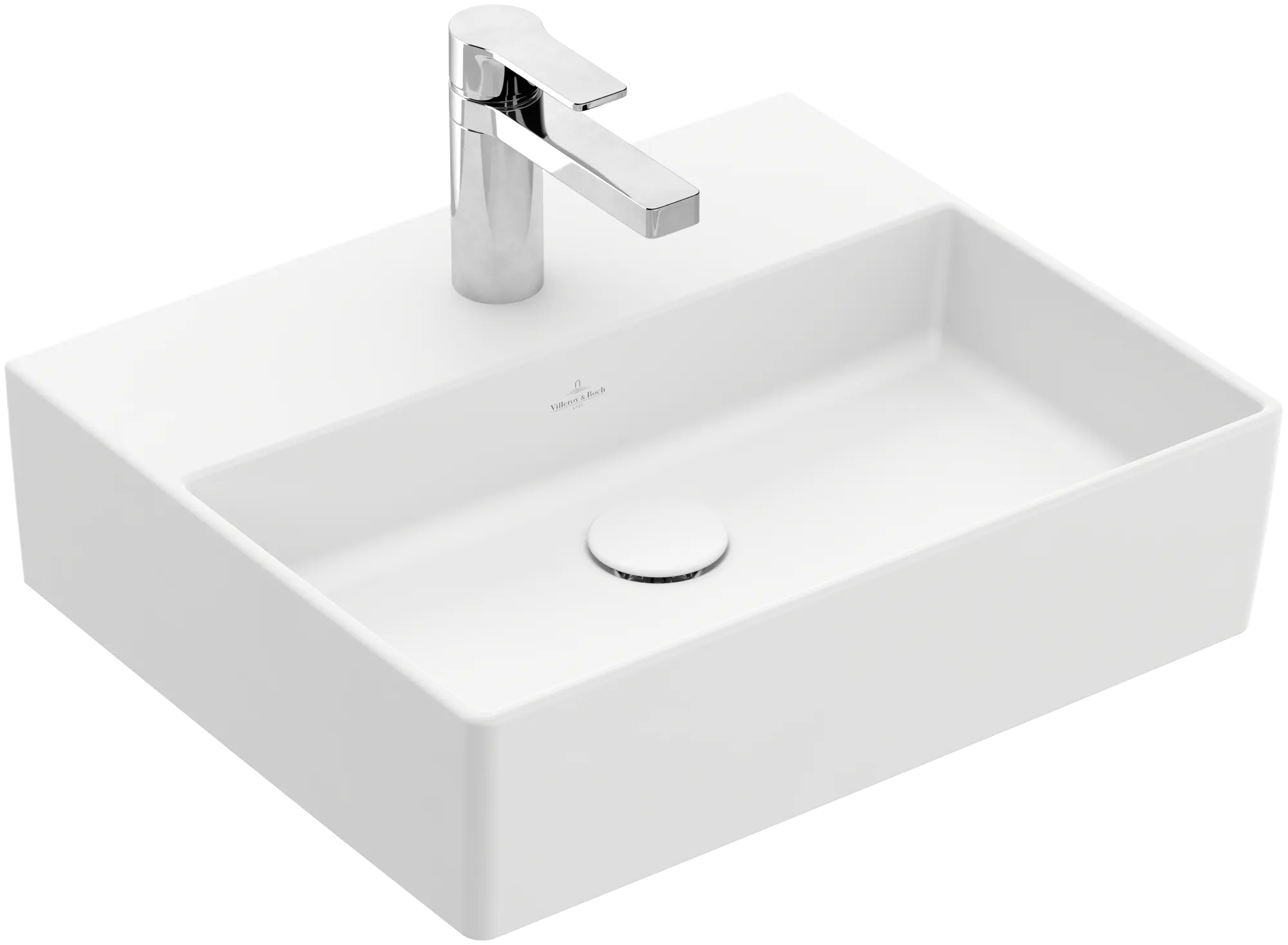 Villeroy & Boch Memento 2.0 Wandwaschbecken, 50 x 42 cm, 14 cm hoch, Stone White CeramicPlus, TitanCeram, matt, 3-Loch Armatur Villeroy & Boch Memento 2.0 Wandwaschbecken, 50 x 42 cm, 14 cm hoch, Stone White CeramicPlus, TitanCeram, matt, 3-Loch Armatur