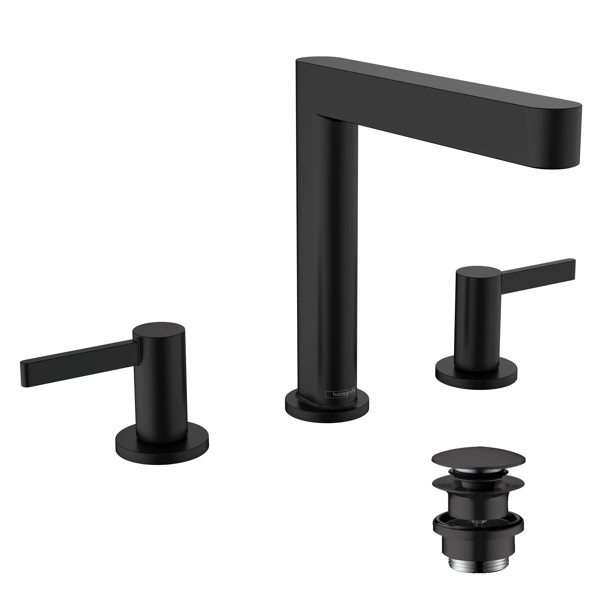 Hansgrohe Finoris 3-Loch Waschtischarmatur 160 mit Push-Open Ablaufgarnitur, Mattschwarz Hansgrohe Finoris 3-Loch Waschtischarmatur 160 mit Push-Open Ablaufgarnitur, Mattschwarz