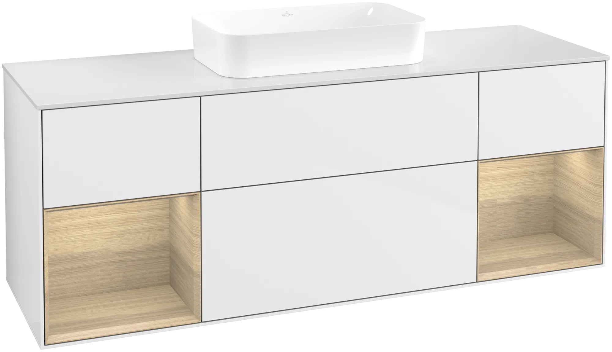 Villeroy & Boch Finion Waschbeckenunterschrank F74 1600x603x501mm Glossy White Lacquer / Oak Veneer / Glass White Matt