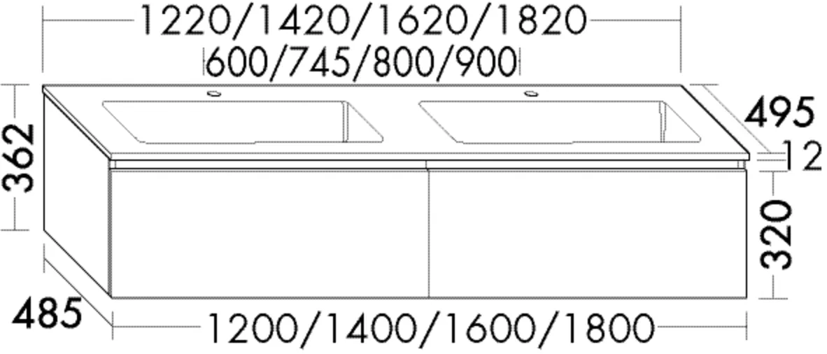 Mineralguss-Waschtisch inkl. Waschtischunterschrank, Mineralguss-Doppelwaschtisch;Beckenmaß 675x295 mm;Muldentiefe: 100 mm;Waschtischunterschrank;2 Auszüge, 350 mm tief, mit Siphonausschnitt und Inneneinteilung;inkl. cleanFlow, Tiefe: 495 mm, Breite: 182