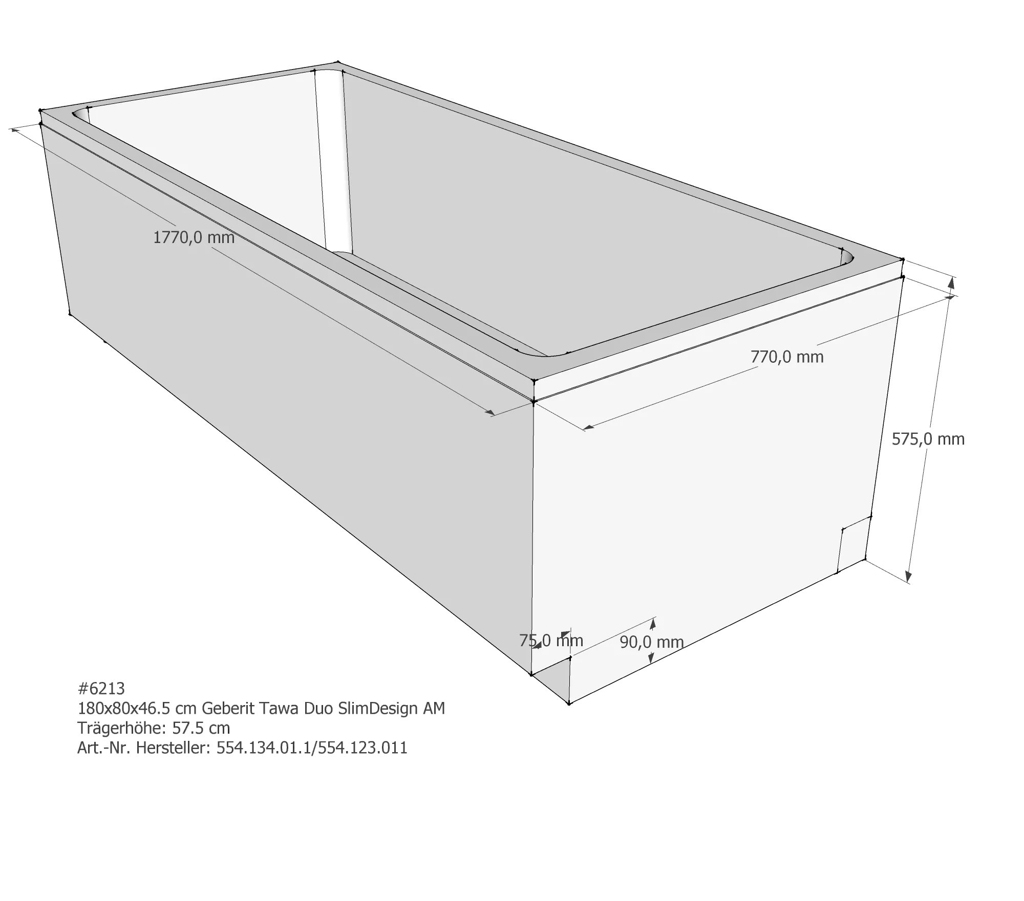 Badewannenträger passend für Geberit Tawa Duo Slim Design 180 × 80 × 46,6 cm