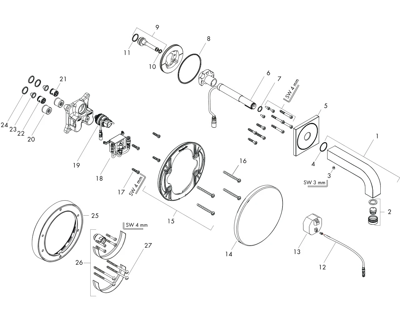 Waschtischmischer Unterputz Axor Citterio Elektronik langer Auslauf chrom