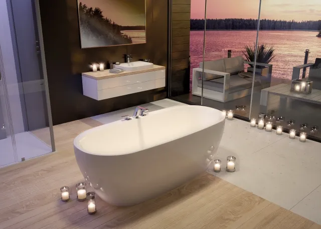 Hoesch Badewanne „iSensi“ Monolith oval 180 × 80 cm, mit Schürze in Weiß