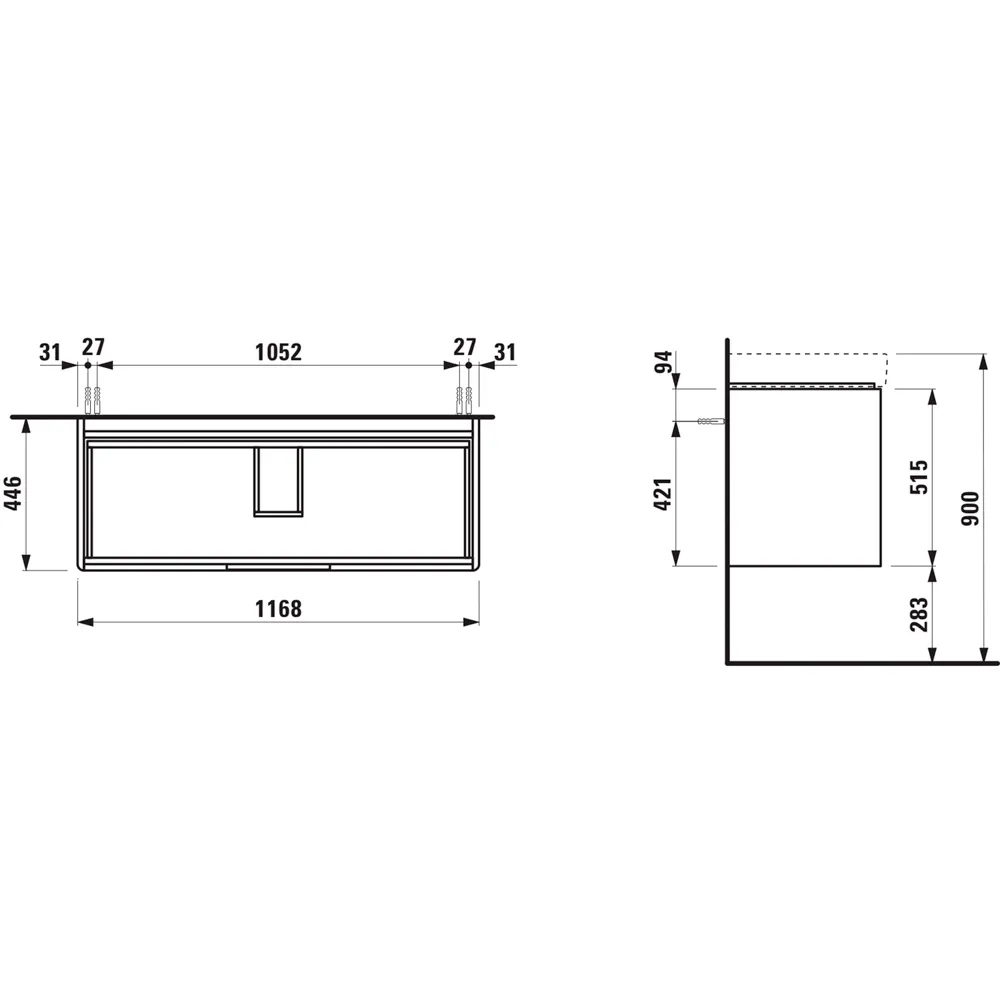 Waschtischunterbau JUNA für PRO S 446x1168x515 2 Schubladen mit Griffmulde für Waschtisch H814965 weiß matt
