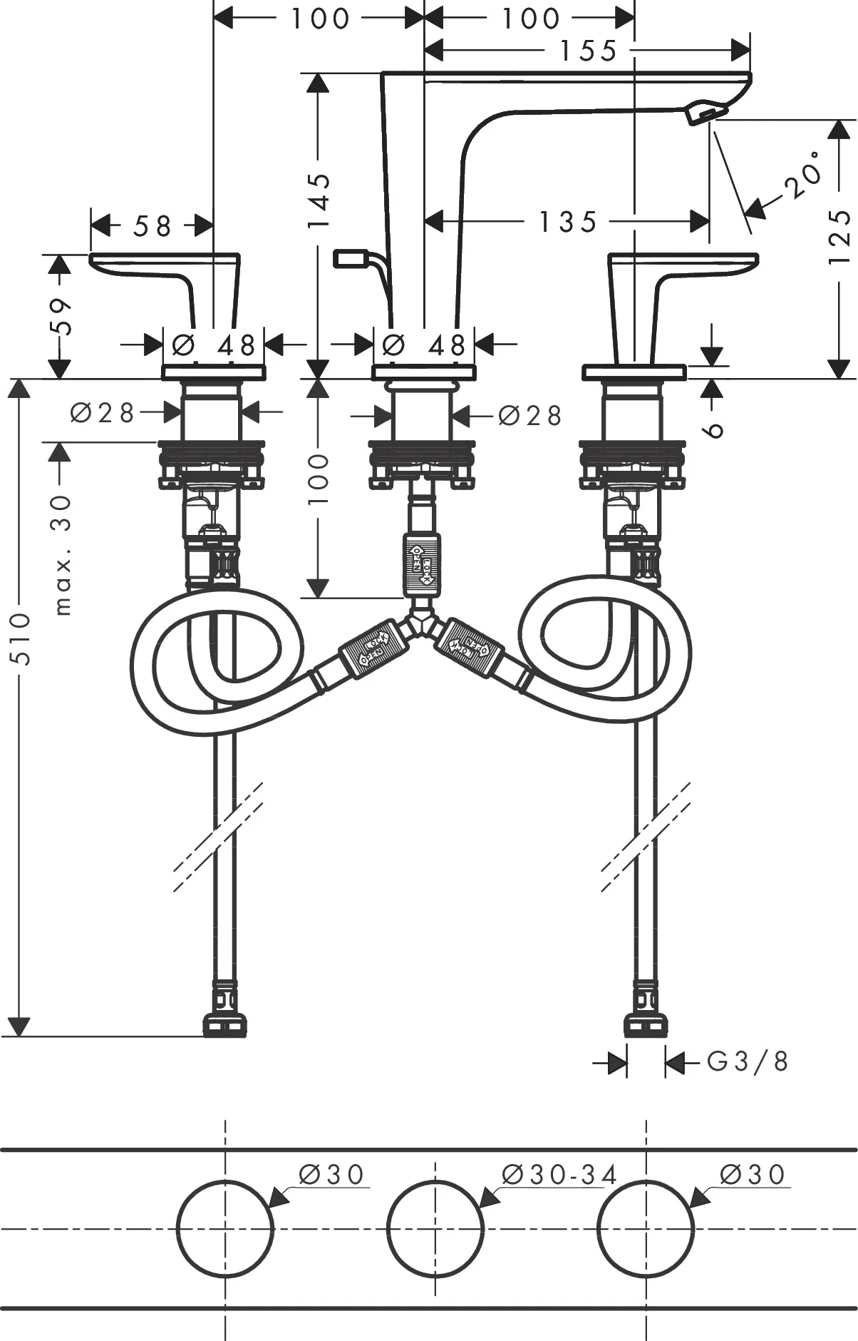 Hansgrohe AXOR Citterio C 3-Loch Waschtischarmatur Chrom, ComfortZone 125, Ausladung 135 mm, Auslaufhöhe 125 mm, Hebelgriff, Normalstrahl, max. Durchfluss 5 l/min