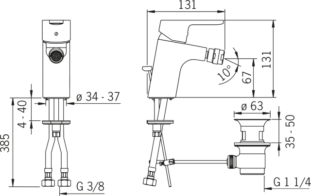 HA Einhebelmischer Bidetbatterie HANSAPRIMO 4943 Zugstangenablaufgarnitur Ausladung 107 mm DN15 Chrom