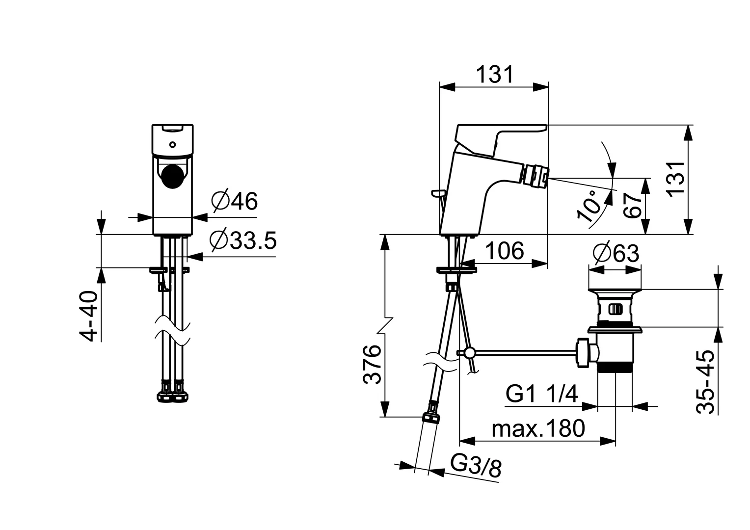 HansaPRIMO Bidetarmatur Einhebelmischer HansaPRIMO 4943 Zugstangenablaufgarnitur Ausladung 107 mm DN15 Chrom